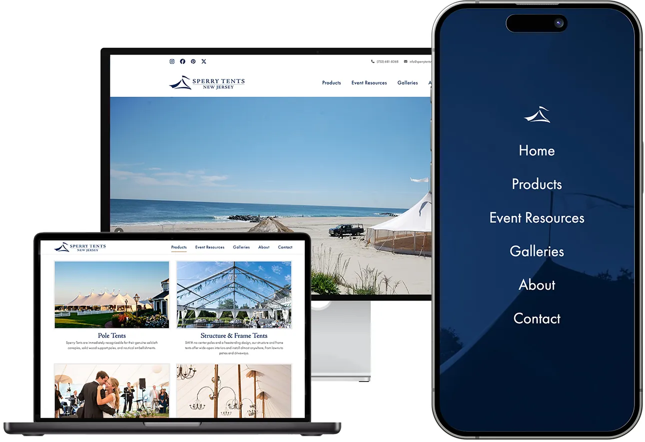 Custom-built, responsive WordPress website shown on a desktop, laptop, and phone